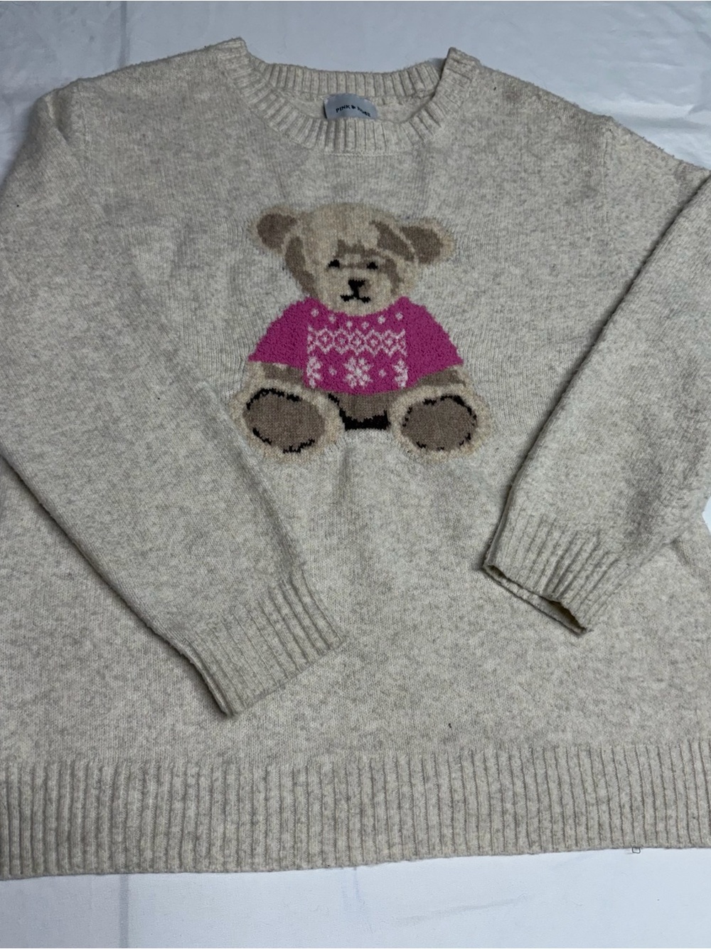 Pink Rose Beige Crewneck Sweater with Pink Teddy Motif